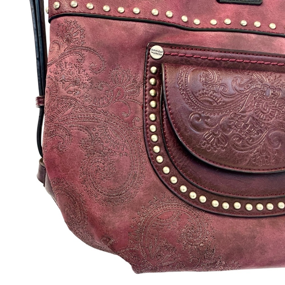 Boho Chic Burgundy Kimmidoll Eco-Leather Hobo Handbag Embroidered with Pendant - Picture 10 of 16